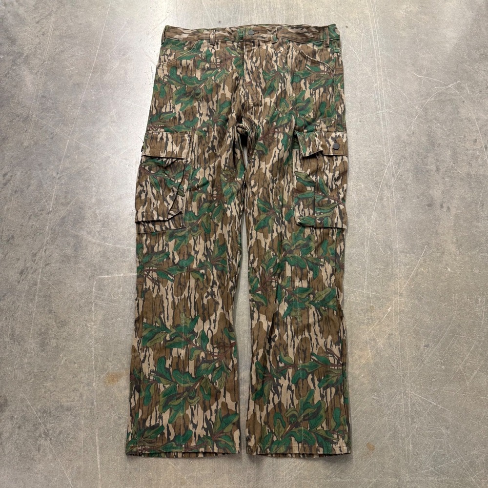Vintage Mossy Oak Greenleaf Camo Canvas Cargo Pants USA Made Talon Zip 38x32